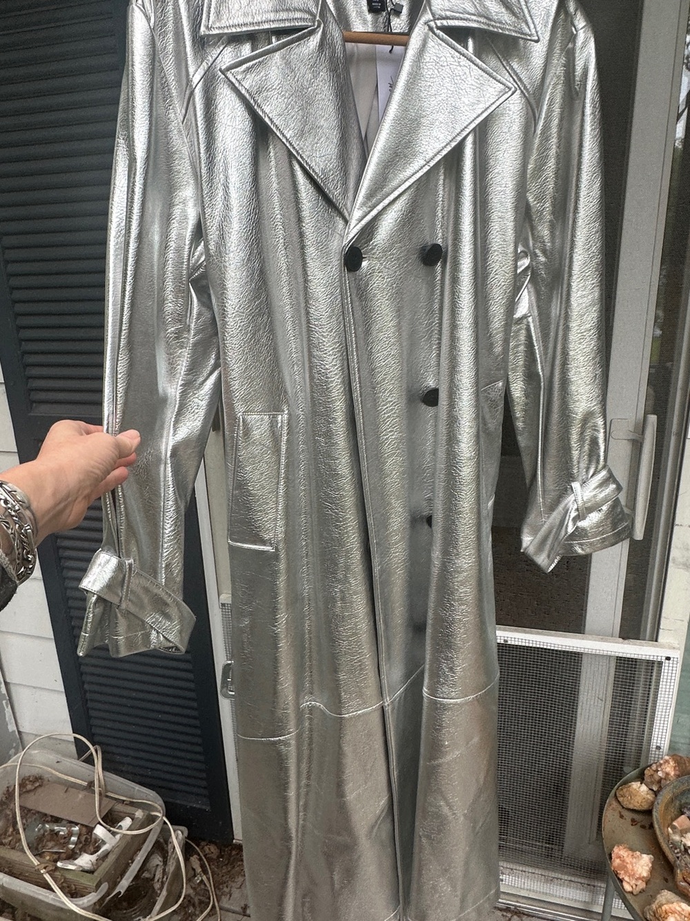Nasty Gal Metallic Silver Double-Breasted Trench Coat